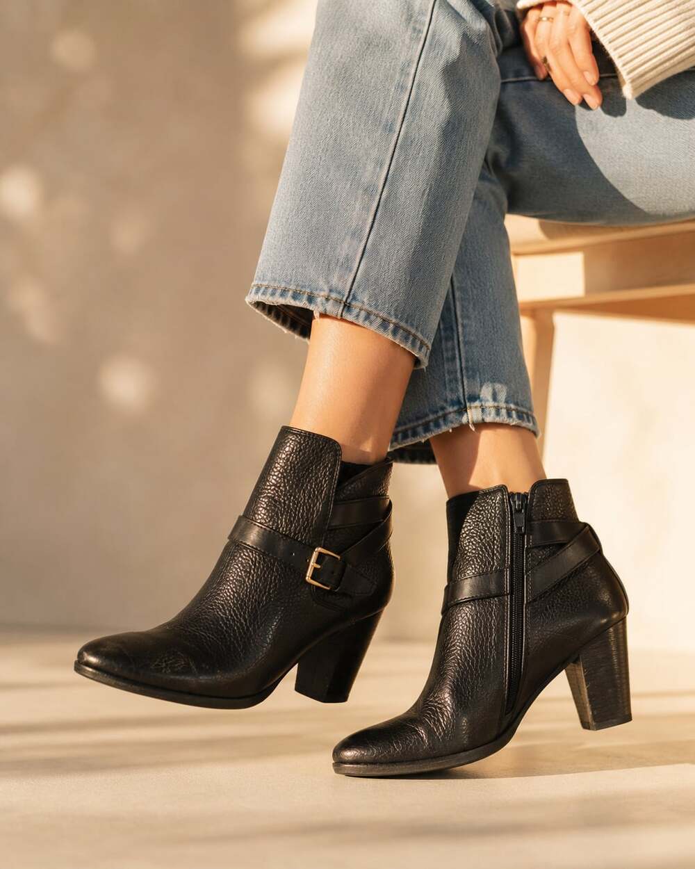Cole Haan Grand.OS Black Leather Buckle Ankle Booties Block Heel 7.5B